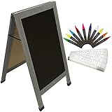 Sandwich Board Sidewalk Chalkboard Sign: REINFORCED, HEAVY-DUTY / 10 CHALK MARKERS / 40 PC. STENCIL SET / CHALK / ERASER / DOUBLE SIDED / LARGE 40x23 Chalk Board Standing Sign A-Frame (Whitewash Grey)
