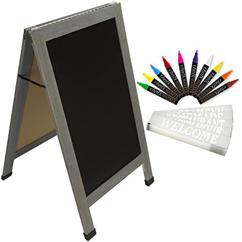Sandwich Board Sidewalk Chalkboard Sign: Reinforced, Heavy-Duty / 10 Chalk Markers / 40 Pc. Stencil Set/Chalk/Eraser/Double Sided/Large 40X23 Chalk Board Standing Sign A-Frame (Whitewash Grey) #TOP26