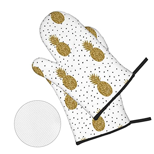Gold Glitter Pineapples Fruit Printed Oven Mitts And Pot Holders Heat Resistant Potholders Oven Gloves And Pad For Baking Kitchen Grilling - 4 Set #TOP2