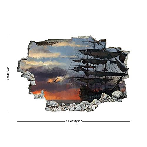Ships Sailing Sunrises And Sunsets Pirates Skull Wall Decal Landscape 3D Break Through Wall Sticker Removable Funny Wall Art Decal Christmas Home Decor Vinyl Mural For Boy Kids Room Living Room #TOP2