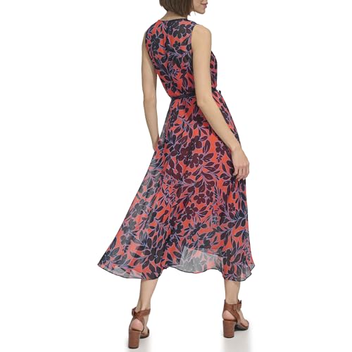 Image of Tommy Hilfiger Women's Sleeveless Keyhole Neck Chiffon Belted Hi-Lo Midi Dress