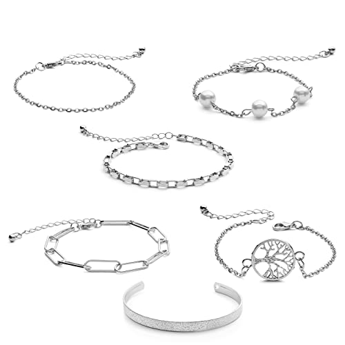 Image of 14K Gold and Silver Plated Layered Bracelet Sets, 6 Pieces, Adjustable Layered Link Bracelets Sets, Stainless Steel, no gemstone