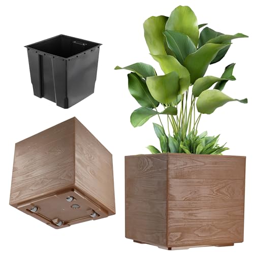 KADAX Macetero con ruedas, 39 x 40 cm, maceta grande de plástico efecto madera, maceta cuadrada con inserto para interior y exterior (marrón oscuro)