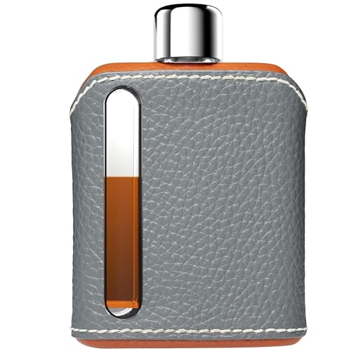 Ragproper Modern Glass Hip Flask - Durable Leather Covered Flask for Whiskey, Spirits, & Other Liquor - Ideal Glass Flask for Men & Women (Single Shot 100ml, Leather Gray & Brown)
