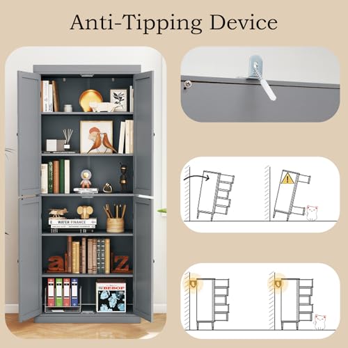 COSTWAY 184cm Tall Kitchen Cupboard, 6 Tiers Buffet Pantry Storage Cabinet with 4 Doors, Adjustable Shelves & Anti-tipping Device, Freestanding Sideboard Organizer for Dining Room (4 Doors, Grey) - Image 5