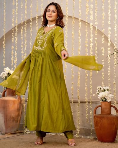 Image of Nermosa Women Embroidery Solid A-Line Kurta and Pant Set with Dupatta