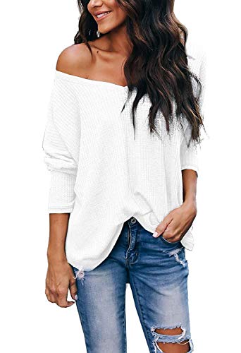ZJCT Womens V Neck Long Sleeve Waffle Knit Tops Off The Shoulder Pullover Sweaters White S