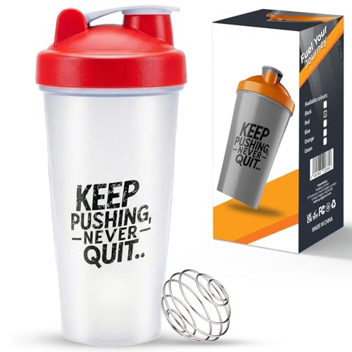 Roe Tenpo Protein Shaker Bottle 600ml, BPA-Free, Wide Mouth Protein Shake Bottle with Wire Mixing Ball, Leakproof & Dishwasher Safe Gym Shaker for Gym, Pre-Workout & Fitness (White & Red)