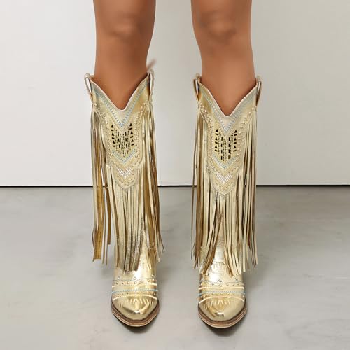 Image of Fringe Cowboy Boots for Women Wide Calf Embroidered Tassal Cowgirl Boot Knee High Snip Toe Pull On Western Shoes