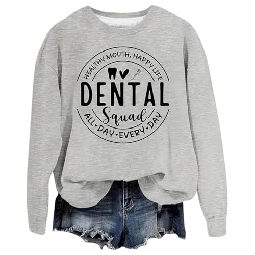 Image of Women's Casual Long Sleeve Round Neck Pullover with Festive Christmas Graphic Print, Soft Cotton Blend Sweatshirt for Holiday Parties and Family Gatherings (Grey, L)
