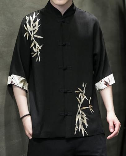 Men's Linen Cotton Traditional Chinese Tang Suit Shirt, Vintage Elbow Sleeve Frog Buttons Lightweight Jacket3