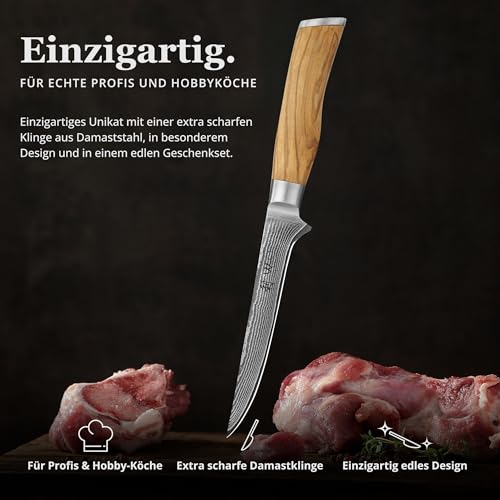 Foto von Wakoli Olive Ausbeinmesser aus echtem Damaststahl (VG10 Kern) mit 14,5 cm Klinge – Scharf und ergonomisch – Damastmesser mit Olivenholzgriff in Geschenkbox – Damast Filetiermesser für Fisch & Fleisch