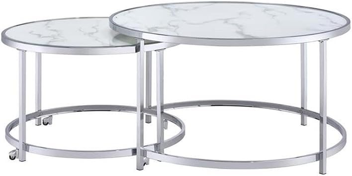 Steve Silver Rayne Nesting Cocktail Table, 36" L x 36" W x 20" H, White Marble,Chrome, RY300NCW
