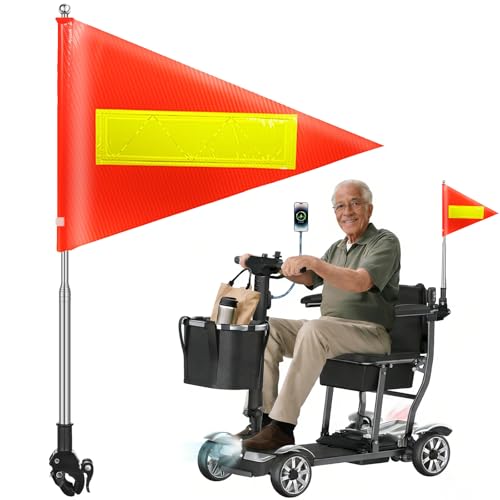 Orange Safety Flag with Reflective Strip and 5.3 Feet Retractable Pole Orange Warning Flags Suitable for Mobility Scooter Rollators and Wheelchairs Set with Pole and Mount for Safety