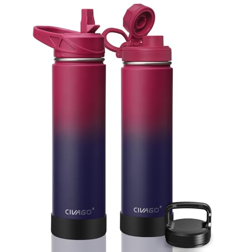 Image of CIVAGO 24 oz Insulated Water Bottle With Straw, Stainless Steel Sports Water Flask Cup with 3 Lids (Straw, Spout and Handle Lid), Double Walled Travel Thermal Canteen Mug, Dark Rainbow