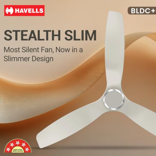Image of Havells Stealth Slim BLDC 1200 mm Ceiling Fan | Remote Controlled, High Air Delivery Fan | 5 Star Rated, Upto 50% Energy Saving, Reverse Rotation, 2 Year Brand Warranty | (Pack of 1, Oatmeal)