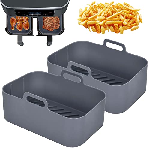 Disnace 2 Piezas Ollas de Silicona para Freidora de Aire Dual Ninjas, Olla de Silicona Ninja Foodi, Revestimientos de Silicona para Freidora de Aire Doble, Accesorios para Horno y Microondas (Gris) Cover