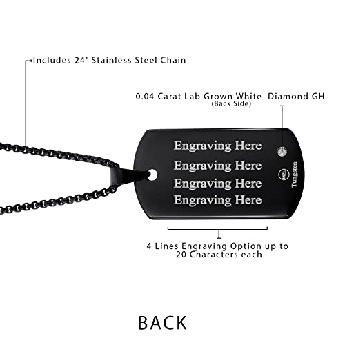 Gem Stone King Custom Free Engraving Black Plated Tungsten Carbide Solid Polished Dog Tag Pendant Necklace With White Lab Grown Diamond (G-H Color, Si1 Clarity, With 24 Inches Stainless Steel Chain) #TOP3