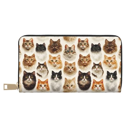 Leather Thin Slim Wallets for Women Men - Fashion Cute Cat Face 1 Print Card Wallet Holder with Zipper