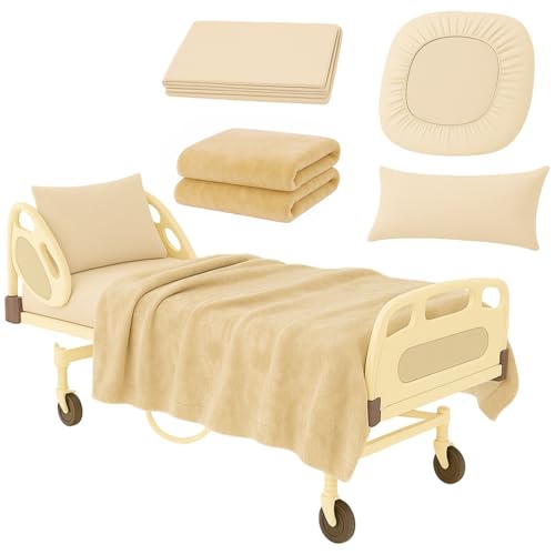 qztavyni Care Bed Sheets Set 4 Pcs – 36"x80" Fitted Sheet, Flat Sheet, Pillowcase & Blanket – Twin XL Hospital Style Sheets for Home or Adjustable Beds(Khaki)