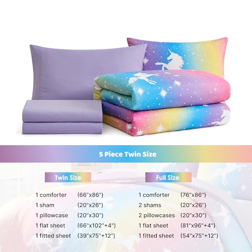 Twin Comforter Set for Girls-5 Pieces Rainbow Unicorn Twin Bedding Sets for Kids, Ultra Soft Bed in A Bag with Sheets