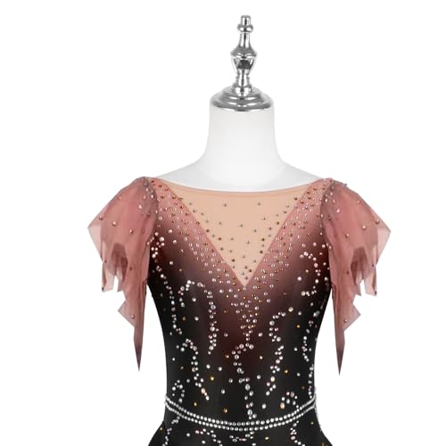 DIJITOO Vestido de patinação artística, marrom dégradé aberto nas costas brilhantes strass competiçã