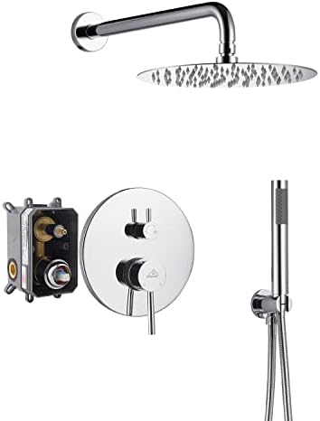 CASAINC Shower Valve and Trim Kit, 10 Inch Round 2 Functions Rain Shower Head with Handheld Spray Wall Mounted Shower System (Chrome)