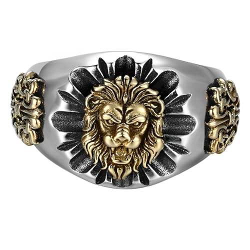 IMINI Bague ouverte gothique Lion Punk Statement Bijoux, Argent Or Bicolore Tête d'animal Bague de phalange pour homme femme Taille réglable S à V 1/2,...