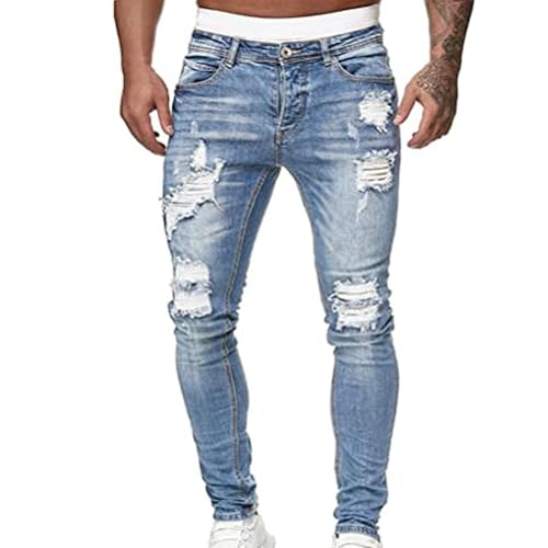 Men's Distressed Jeans Classic Fit Ripped Skinny Jeans Stretch Destroyed Ripped Tapered Leg Denim Pants with Pockets