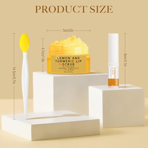 3pcs turmeric lemon lip scrub and turmeric lip balm with brush set lip scrubber exfoliator dark lips treatment for smokers natural exfoliator amp moisturizer cracked dull reduce fine lines lips