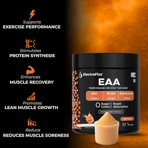 Image of EAA 4.6 gms with 2.5 gm BCAA with Vitamin & Electrolyte Blend for Muscle Recovery & Endurance - Pre /Post Workout & Intra Workout - 100 gms (EAA Fruit Punch)