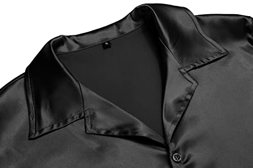 Urru Men's Luxury Shiny Silk Like Satin Dress Shirt Cuban Collar Short Sleeve Casual Slim Fit Muscle Button Up Shirts Black M #TOP5
