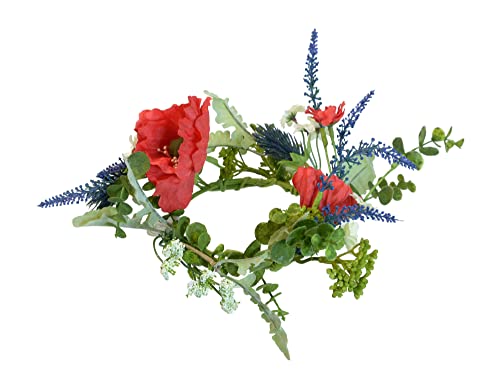 Spring And Summer Artificial Floral Pillar Candle Ring With Red Poppy, Salvia And Daisy Blooms, 8.5 Inches X 2 Inches, Candle Holder For Pillar Candles And Glass Hurricanes #TOP3