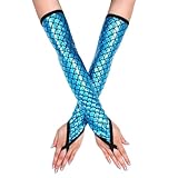 Yikisdy Women Mermaid Gloves Sparkle Fingerless Long Glove Fish Scale Arm Sleeves Rave Party Costume (Blue)