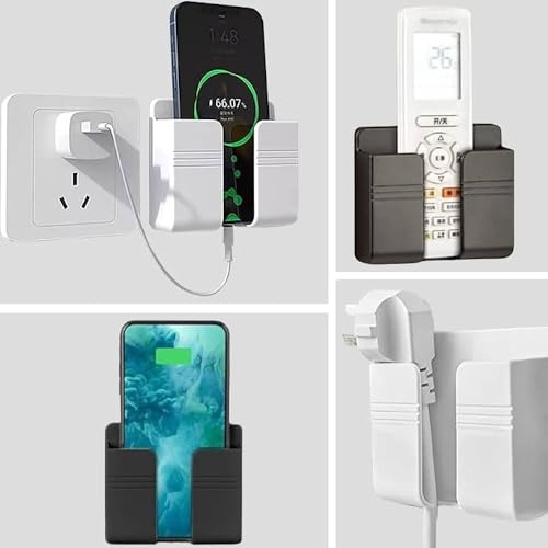 Image of EDNITA Premium Multi-Functional Wall Mobile Phone Holder | Sticky Stand for Charging & Storage | Self-Adhesive Wall Phone Holder with Hook | Bedroom, Office & Other (White & Black - Pack of 2)