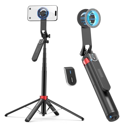 PlusAcc 69” Magnetic Selfie Stick Tripod - Extendable Phone Mount for MagSafe, 360°Rotation Travel Stand with Rechargeable Remote, Compatible with