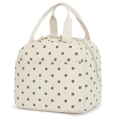 Xunteny Corduroy Lunch Box for Women Girls, Insulated Lunch Bag Reusable Cooler Tote Bags for Work Picnic School Travel (Beige Corduroy Flowers)