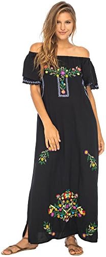 Back From Bali Womens Long Mexican Embroidered Dress, Maxi Long Summer Peasant Dresses for Women Off The Shoulder Black Medium