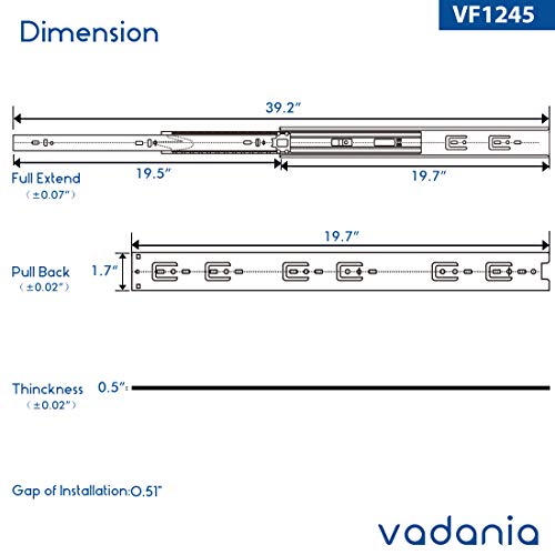 Vadania 20" Push To Open Drawer Slide, #Vf1245, 3-Fold Full Extension, Heavy Duty 100Lb Load Capacity, Especially For Handleless Cabinet & Drawer, Ball Bearing, Side Mount, Black, 1-Pair #TOP7