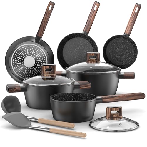 Set Pentole Induzione - 11 Pcs Batteria Pentole e Padelle Antiaderenti Per Tutti i Piani Cottura, Padella da 20/28cm, Padella da 24cm, Pentola da 16/20/24cm con Coperchi, Senza PFOA e PFOS Topbooc