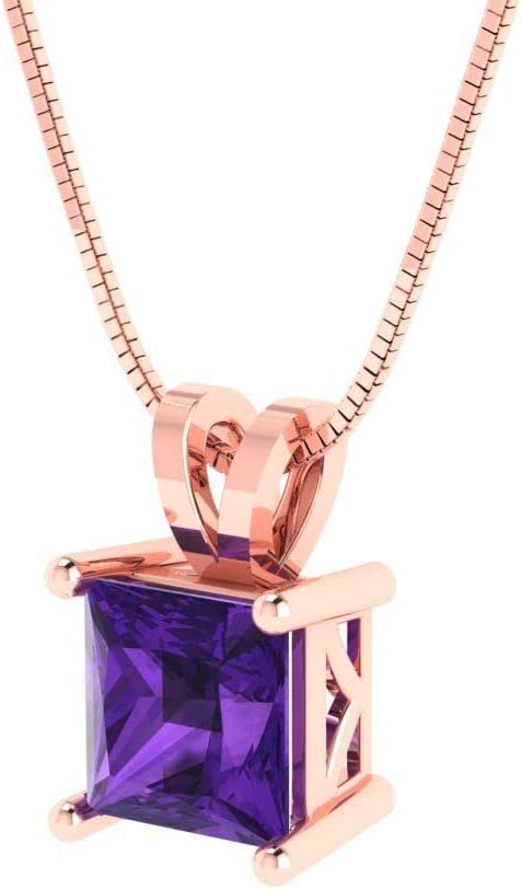 Clara Pucci 14K Rose Gold Plated Solitaire 18" Box-Chain Necklace - Sterling Silver 3ct Princess Cut Amethyst Pendant - Image 2