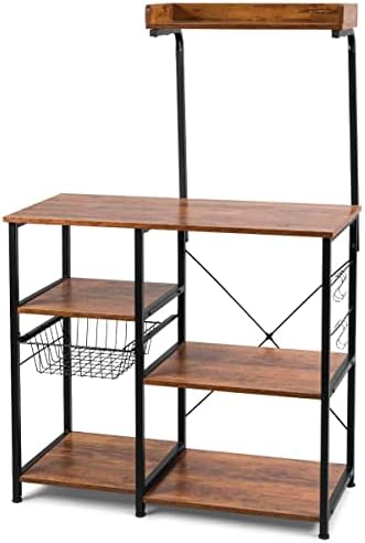 TANGZON Kitchen Baker's Rack, Industrial Microwave Stand with Top Shelf, Wire Basket and Hooks, Rustic Standing Storage Rack for Spices, Pots and Plates
