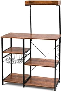 TANGZON Kitchen Baker's Rack, Industrial Microwave Stand with Top Shelf, Wire Basket and Hooks, Rustic Standing Storage Rack for Spices, Pots and Plates