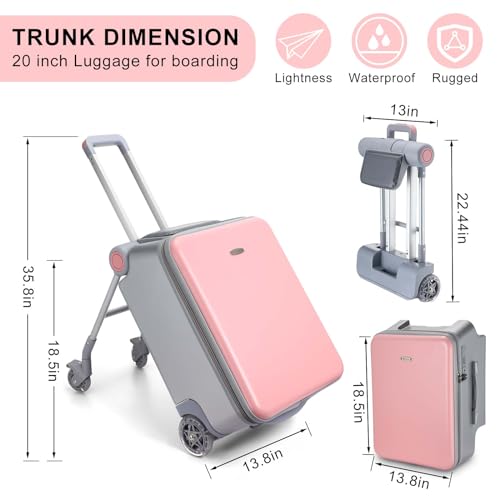 Image of 20 Inch Carry on Luggage with Seat for Kids Expandable Ride on Suitcase with Spinner Wheels and Locks for Travel, Pink, 18.5 x 13.39 x 35.83 inches, Sunshade Style