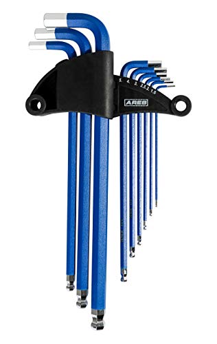 ARES 70165-9-Piece Metric Long Arm Ball End Hex Key Wrench Set - Chrome Finish with Blue High Visibility Anti-Slip Coating - Convenient Storage Case Included