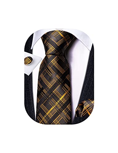 Image of Barry.Wang Plaid Ties Check Mens Necktie Set with Handkerchief Cufflinks Classic Stripe