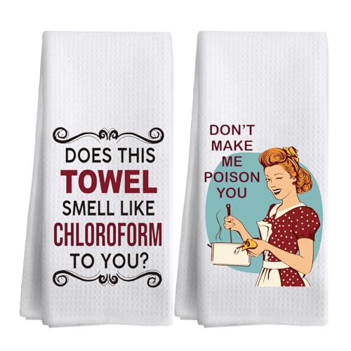 TEOUIOS Funny Kitchen Towel 2 Pack Set Cute Tea Towels for Kitchen with Fun Sayings Housewarming Gifts for Men, Women, Mom Dish Towels Dishcloths Set of Two Hand Towels for Bathroom Camping