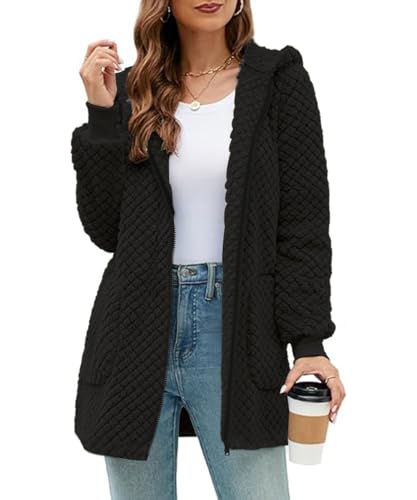 ABINGOO Damen Winterjacke Fleecejacke Lang Kapuzenjacke Teddyjacke Flauschig Plüschjacke Warm Reißverschluss Hoodie Kuscheljacke Wintermantel Mit Taschen(Schwarz,M)