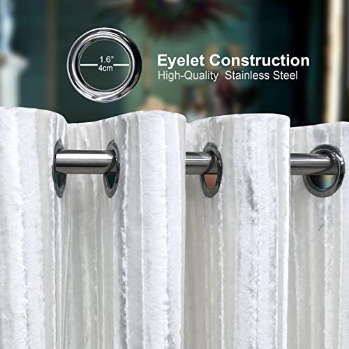 always4u Crushed Velvet Curtains Luxury Line Pattern Curtain Eyelet Thermal Dark for Living Room Window Treatments White A Pair 46 * 54 - Image 3