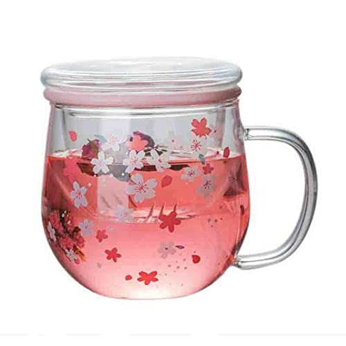 Tazza nel Vetro con Infusore per Tè Filtro e Coperchio Set di Tazze con Fiori di Ciliegio da con di 300 Ml Bicchieri da Bere